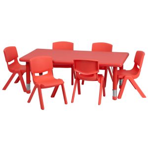 24''W x 48''L Rectangular Red Plastic Height Adjustable Activity Table Set with 6 Chairs - YU-YCX-0013-2-RECT-TBL-RED-E-GG