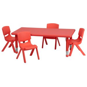 24''W x 48''L Rectangular Red Plastic Height Adjustable Activity Table Set with 4 Chairs - YU-YCX-0013-2-RECT-TBL-RED-R-GG
