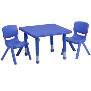 24'' Square Blue Plastic Height Adjustable Activity Table Set with 2 Chairs - YU-YCX-0023-2-SQR-TBL-BLUE-R-GG