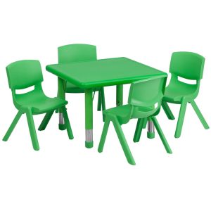 24'' Square Green Plastic Height Adjustable Activity Table Set with 4 Chairs - YU-YCX-0023-2-SQR-TBL-GREEN-E-GG