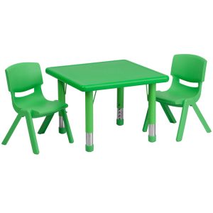 24'' Square Green Plastic Height Adjustable Activity Table Set with 2 Chairs - YU-YCX-0023-2-SQR-TBL-GREEN-R-GG