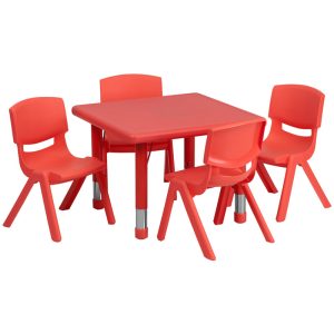 24'' Square Red Plastic Height Adjustable Activity Table Set with 4 Chairs - YU-YCX-0023-2-SQR-TBL-RED-E-GG