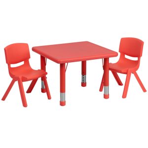 24'' Square Red Plastic Height Adjustable Activity Table Set with 2 Chairs - YU-YCX-0023-2-SQR-TBL-RED-R-GG