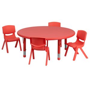 45'' Round Red Plastic Height Adjustable Activity Table Set with 4 Chairs - YU-YCX-0053-2-ROUND-TBL-RED-E-GG
