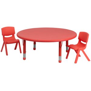 45'' Round Red Plastic Height Adjustable Activity Table Set with 2 Chairs - YU-YCX-0053-2-ROUND-TBL-RED-R-GG