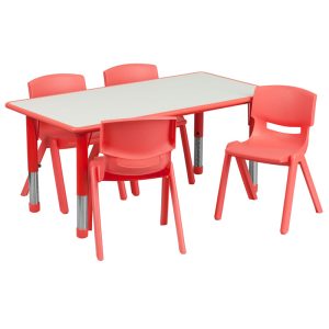 23.625''W x 47.25''L Rectangular Red Plastic Height Adjustable Activity Table Set with 4 Chairs - YU-YCY-060-0034-RECT-TBL-RED-GG