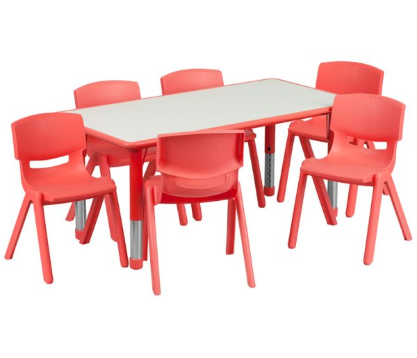 23.625''W x 47.25''L Rectangular Red Plastic Height Adjustable Activity Table Set with 6 Chairs - YU-YCY-060-0036-RECT-TBL-RED-GG
