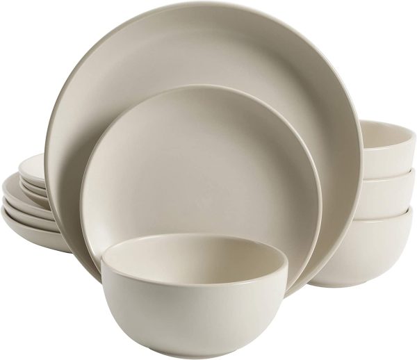 Gibson Home Rockaway Round Stoneware Dinnerware Set, Service for 4 (12pcs), Cream